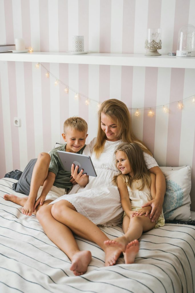 Smiling child looking at a parent or therapist
